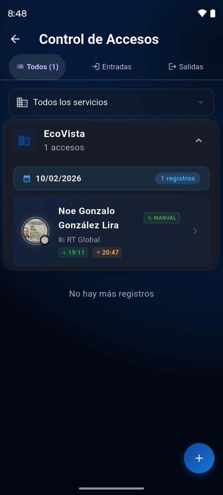 Control de accesos - pantalla principal