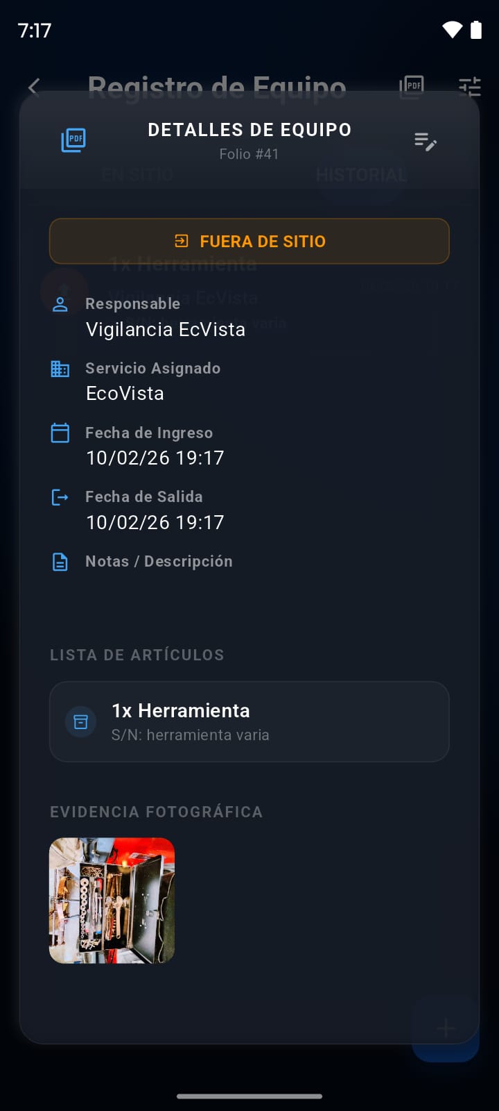 Registro de equipo - detalle